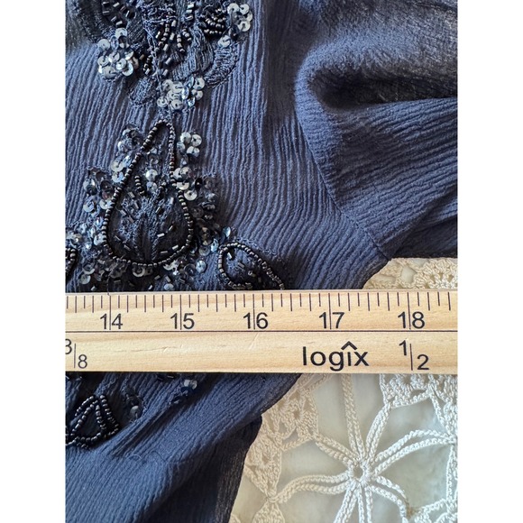 Vintage Whimsy Goth Sheer Beaded Sequin Blouse Black Embroidered V-Neck Top - Picture 8 of 9